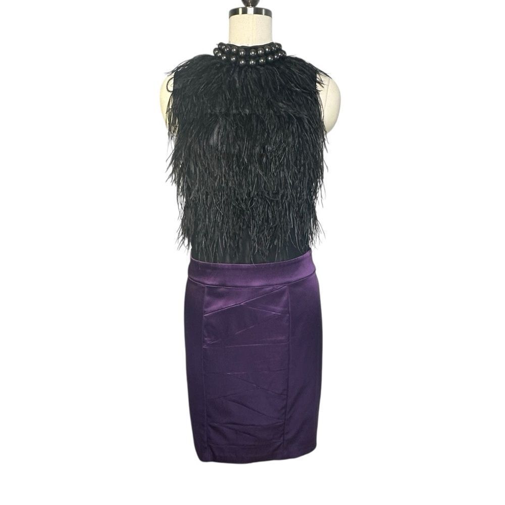 Bebe Black and Purple Beaded Feather Top Cocktail Dress | L